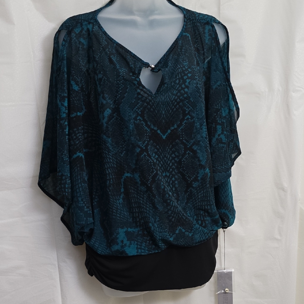 Jennifer Lopez Teal and Black Snake Print Cold-Shoulder Blouse